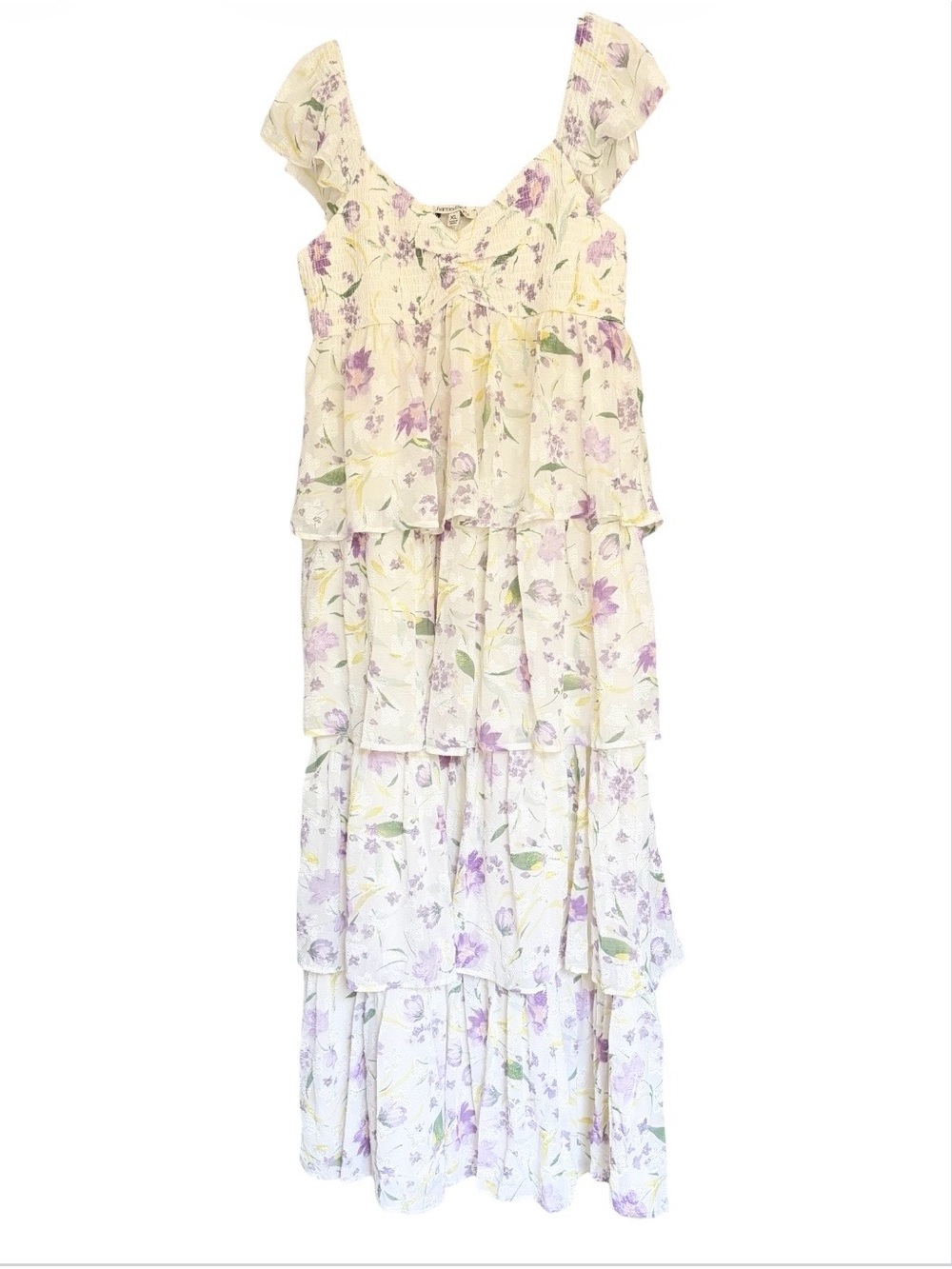 Tiered Floral Maxi Dress in Cream and Lavender